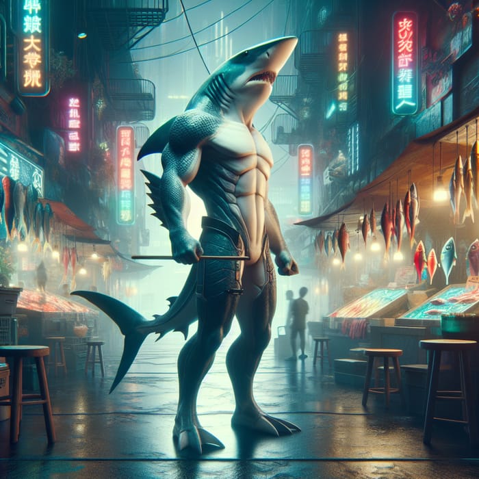 Shark-Humanoid Sells Fish in Futuristic Dystopian Market