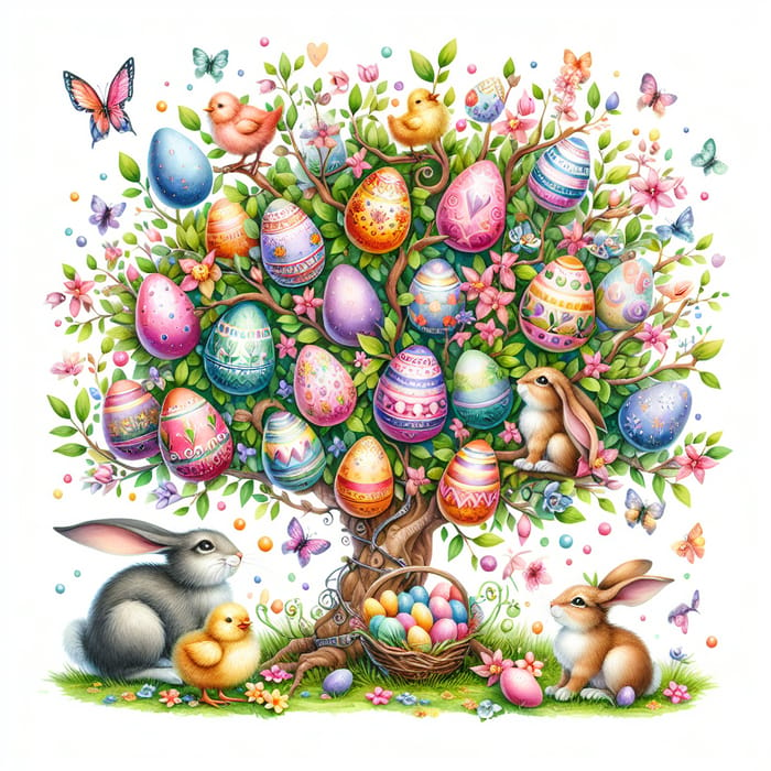 Whimsical Easter Tree with Colorful Eggs and Playful Animals