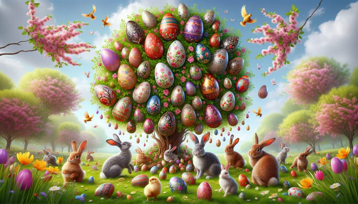 Enchanting Easter Tree with Colorful Eggs, Rabbits, & Chicks in a Lush Meadow