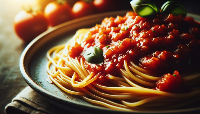 Close-Up Shot of Delectable Spaghetti with Rich Tomato Sauce