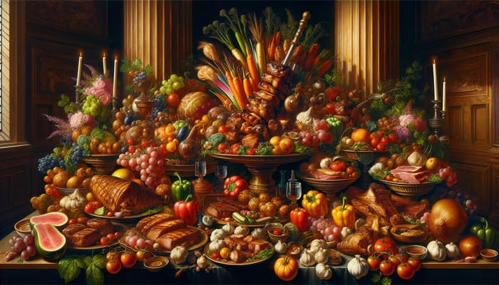Sumptuous Still Life: Renaissance-Inspired Banquet Artwork