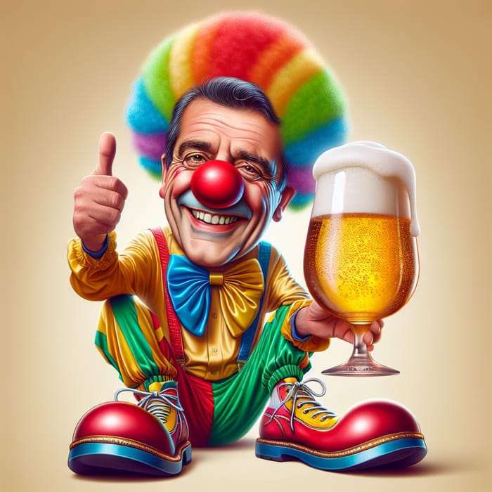 Prominent Italian Politician as Cheerful Clown Drinking Beer