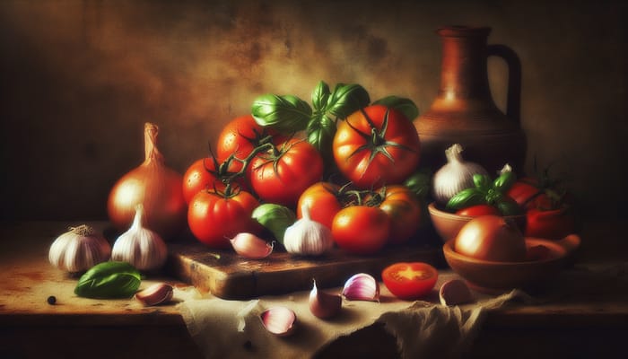 Rustic Still Life: Tomatoes, Garlic, Basil & Onions in Caravaggio Style
