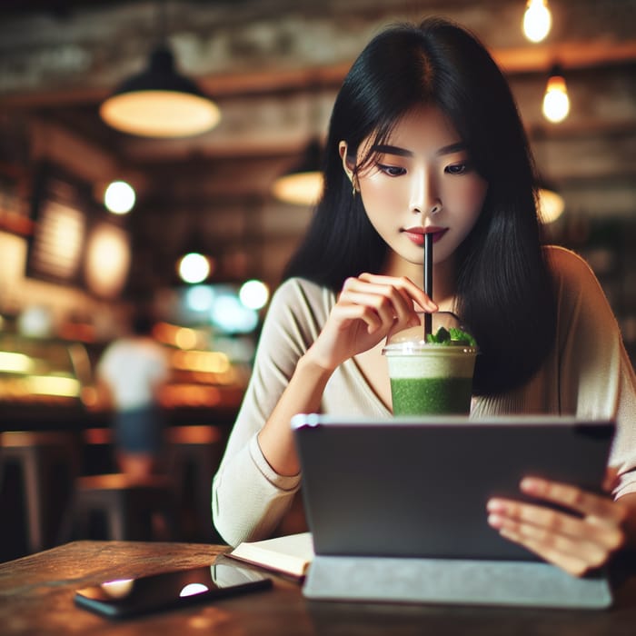 Cozy Coffee Shop Study Session of East Asian Woman with Green Smoothie