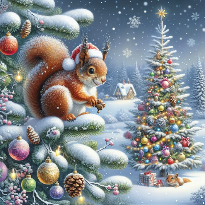 Christmas Squirrel and Festive Pine Tree Scene