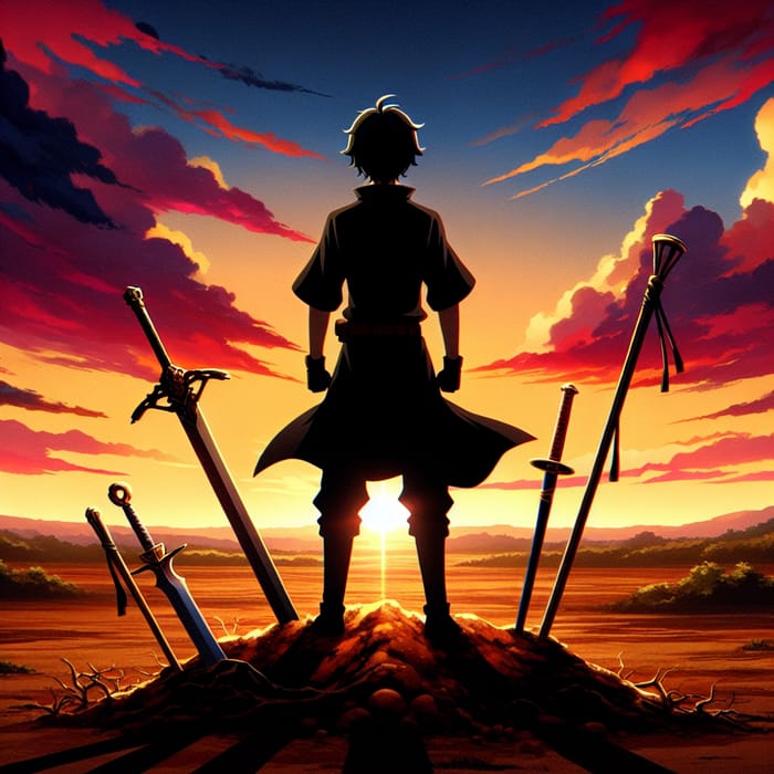 Dark Silhouette of Young Man with Sword in Vibrant Sunset