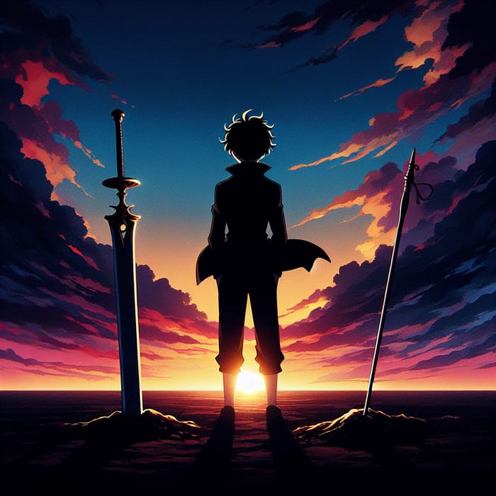 Anime Dark Silhouette at Sunset with Sword, Spear, and Staff