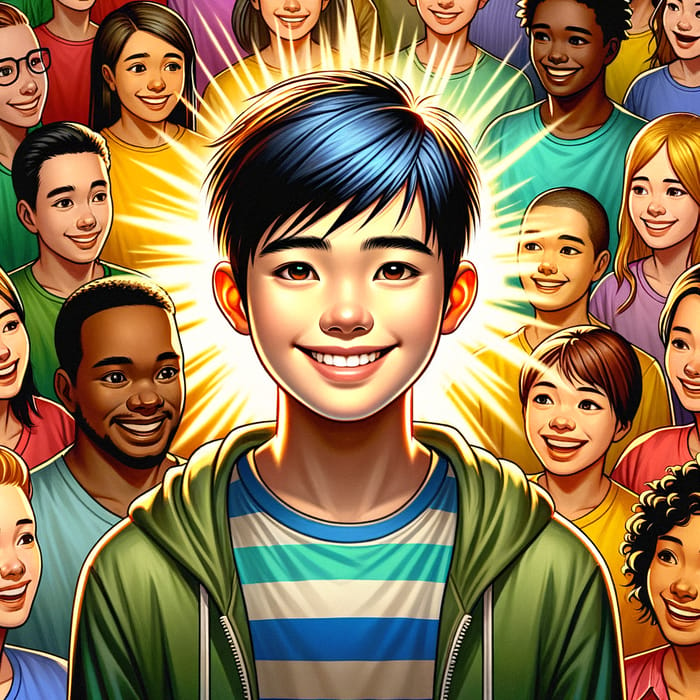 Uplifting and Heartwarming Illustration of a Cheerful Asian Boy Surrounded by Friends