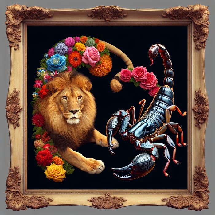 Lion and Scorpion Unlikely Love Scene in Flower Frame