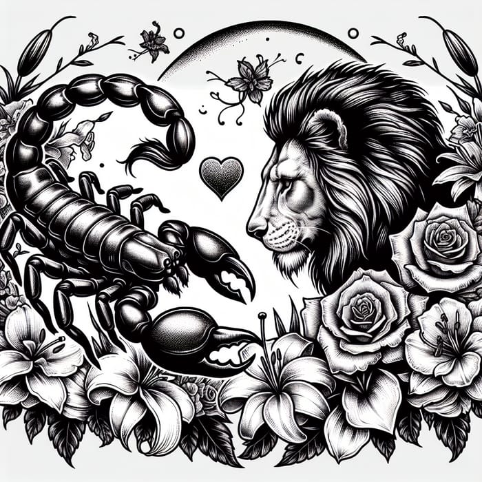 Peaceful Scorpion and Lion Love Tattoo with Flower Circle