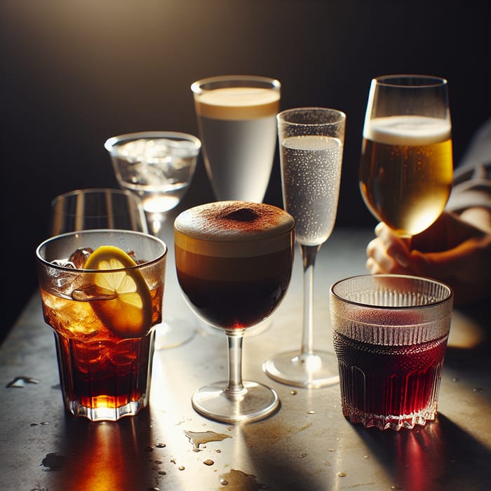 Delicious Beverage Array: Iced Tea, Cappuccino, Water, Wine