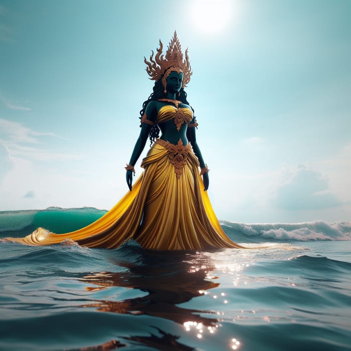 Majestic Black Goddess in Yellow Dress Standing in Ocean
