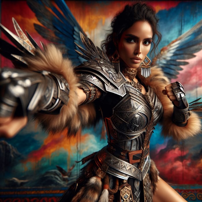 Dynamic Female Warrior in Colorful Metal Armor