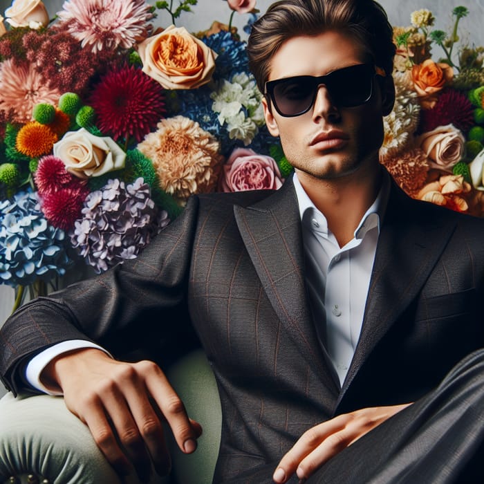 Stylish Man in Armchair, Wearing Jacket and Sunglasses, Among Flowers