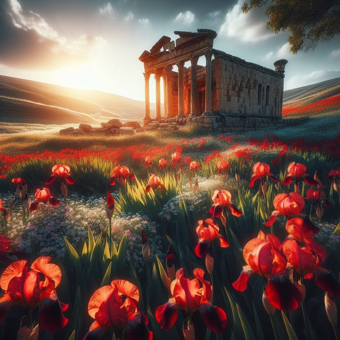 Ancient Ruins Surrounded by Red Irises - Mystical Beauty