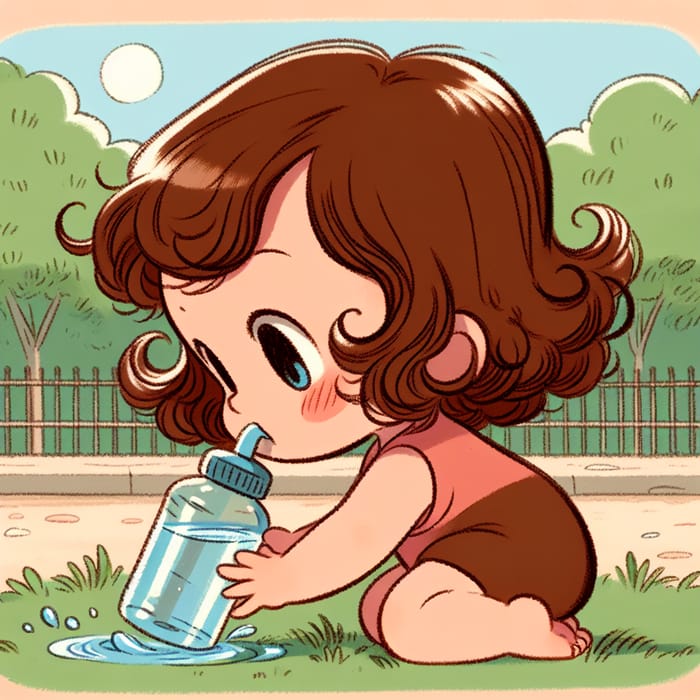 Baby with Wavy Brown Hair Drinking Water - Disney Style Park Scene