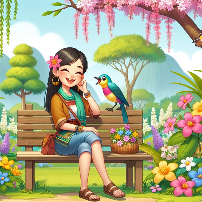 Happy Girl in Park with Friendly Bird