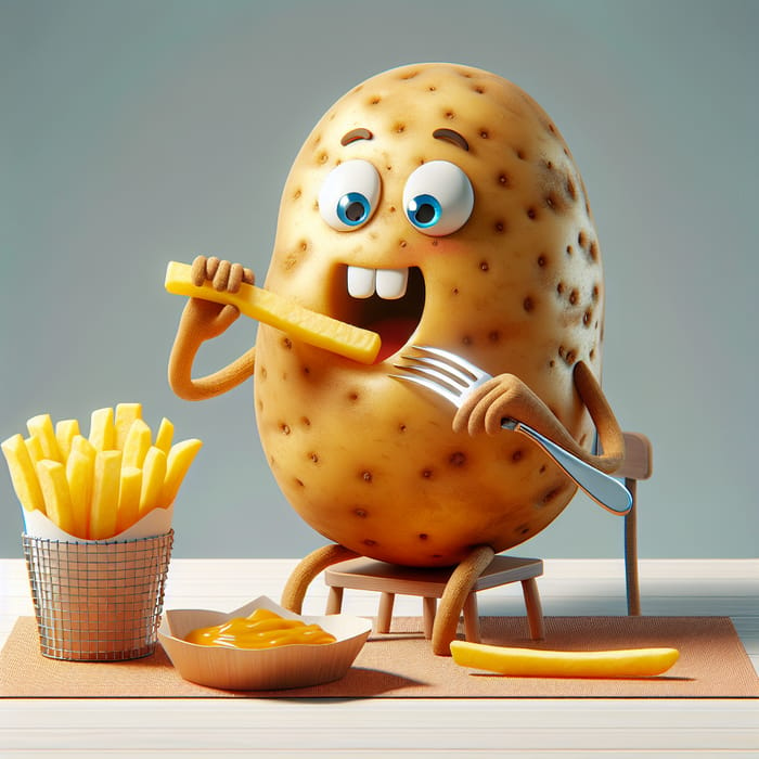 Potato Eating French Fry - Humorous Cartoon Scene