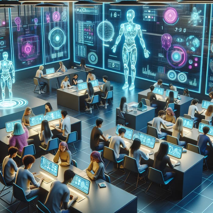 Futuristic AI Classroom with Diverse Students - Sci-Fi Learning Scene