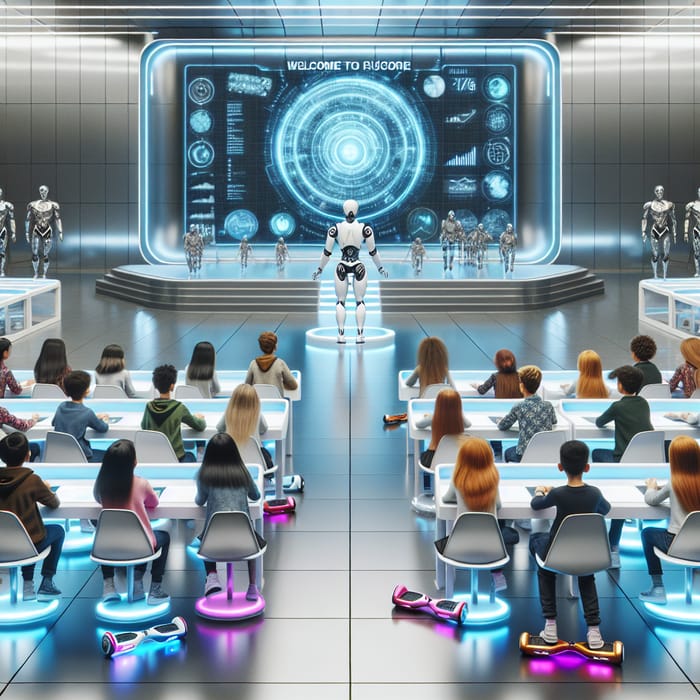 Futuristic Classroom with Hoverboards and Robotic Professor