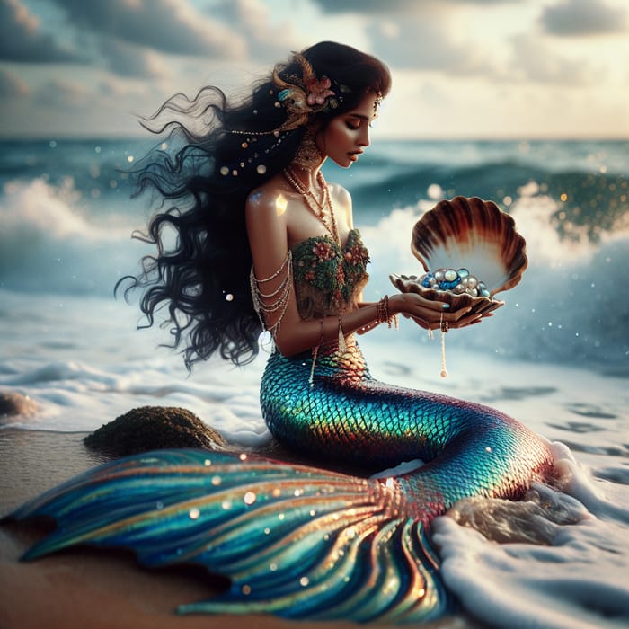 Mermaid with Pearly Seashell on Seashore