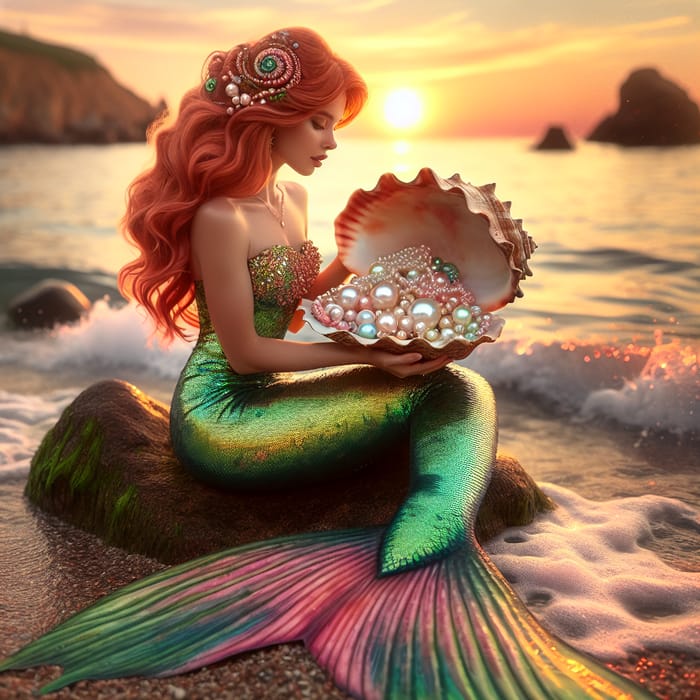 Mermaid on Seashore Holding Seashell with Pearls | Golden Sunset Beauty