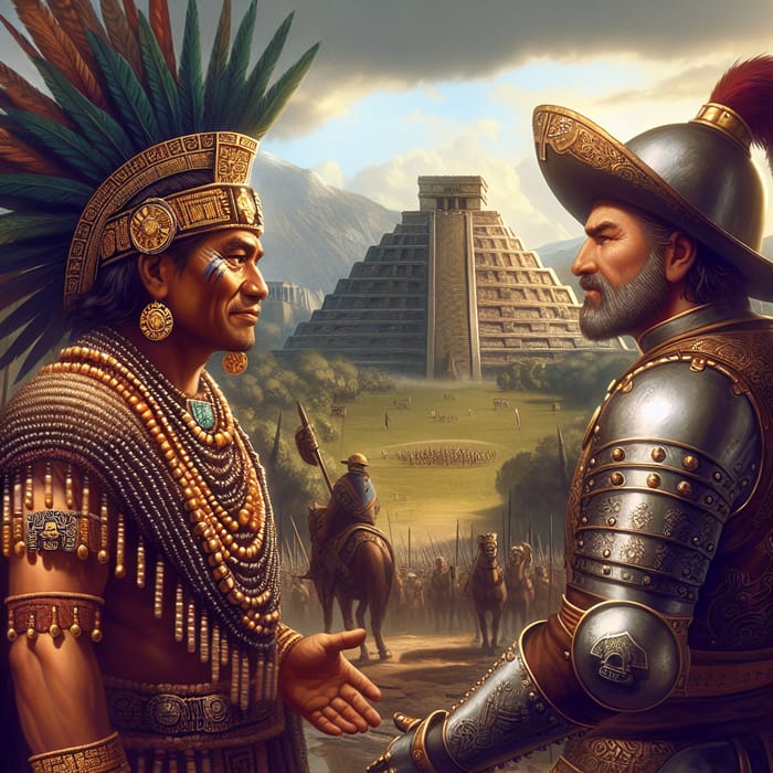 Tlatoani Moctezuma Facing Hernán Cortés: Momentous Encounter