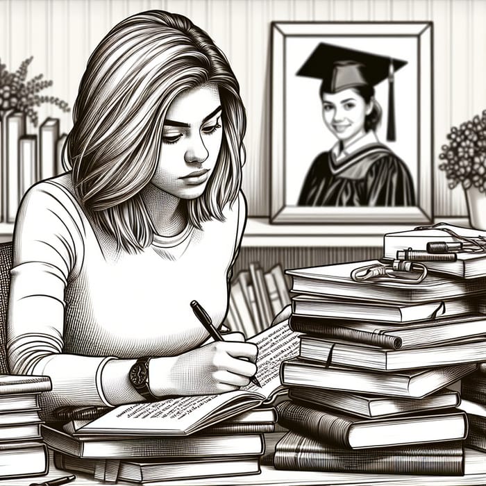 Motivated Girl Working Towards College Graduation - Monochrome Sketch