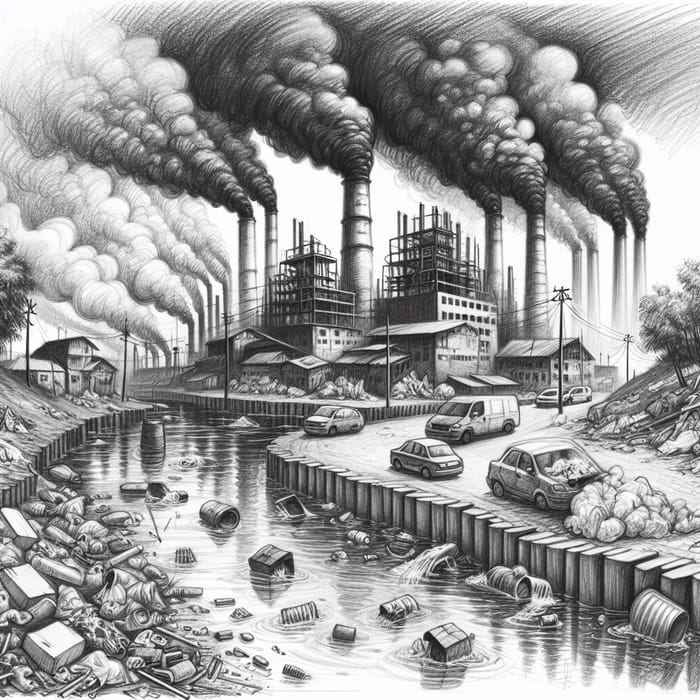 World Pollution Sketch: Factories, Plastic Litter & Oil Spills