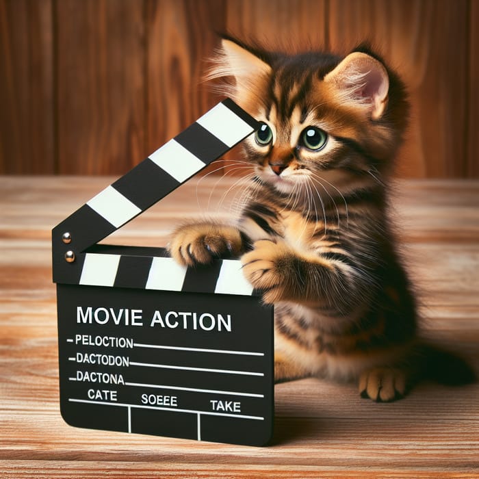 Adorable Tabby Cat Playfully Interacts with Movie Clapperboard