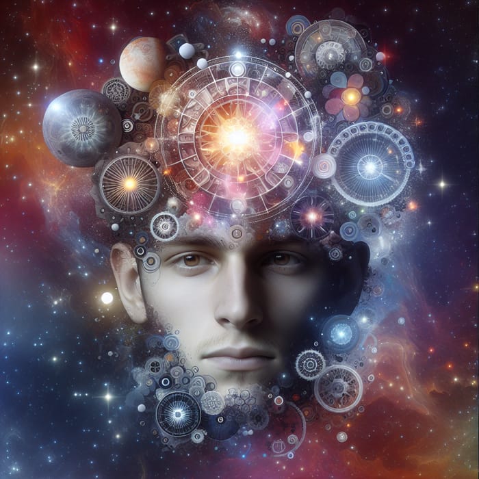 Face of Young Man in a Universe of Ideas