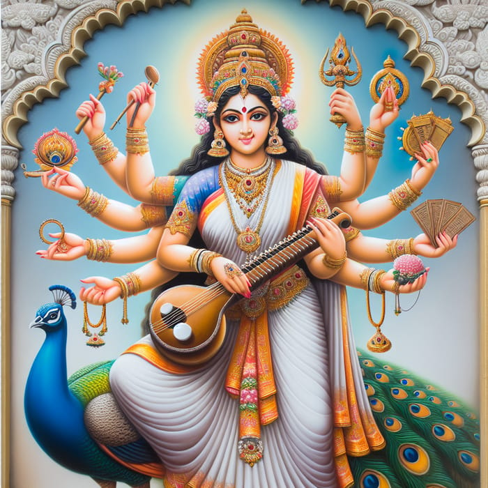 Divine Indian Goddess Saraswati in White Sari with Multi Arms