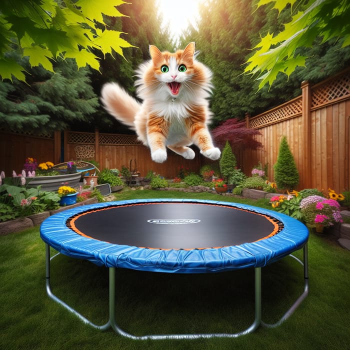 Playful Fluffy Cat Jumping on Trampoline - Joyful Moment Captured