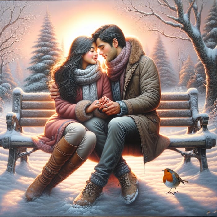 Enchanting Winter Sunset Kiss Art | Romantic Outdoor Scene