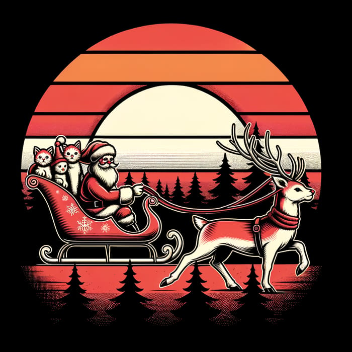 Vintage Sunset Artwork with Rudolph, Santa, Cats