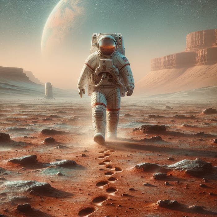 Astronaut Walking on Mars: Enigmatic Surface Exploration