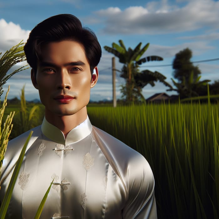 Handsome Vietnamese Man by Verdant Rice Paddy in Traditional Ao Dai