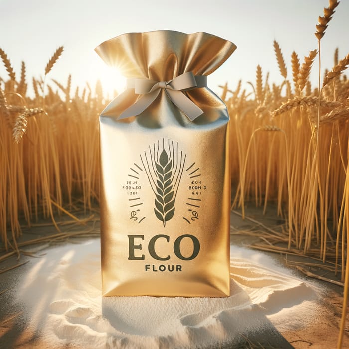 Golden Eco Flour Bag in Wheat Field - Sustainable Harvest Scene