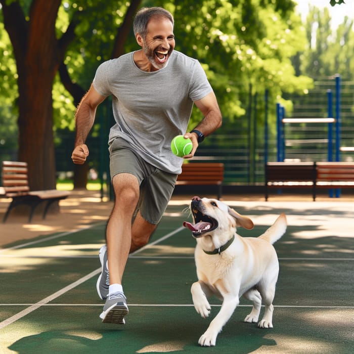 Playful Moment: Man and Labrador Retrievers Enjoying Fetch Game in the Park