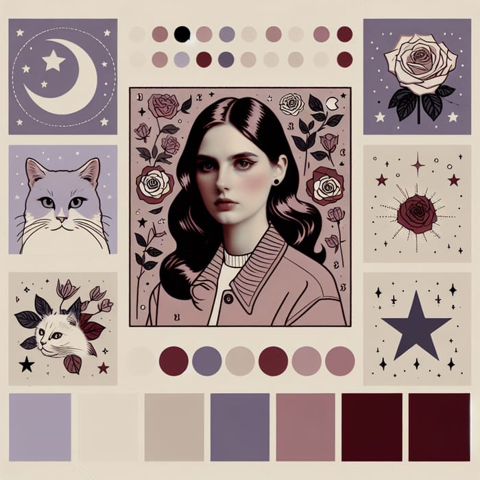 Artistic Portrait with Minimalistic Roses, Cats, and Stars in Lavender and Cherry Red