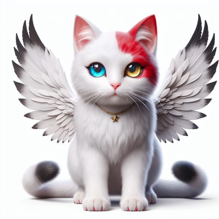 Realistic White Cat with Red Spots and Unique Eyes - Full-Body Wings