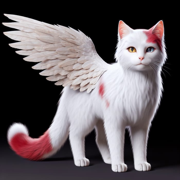 Realistic White Cat with Red Spots and Unique Wing Colors