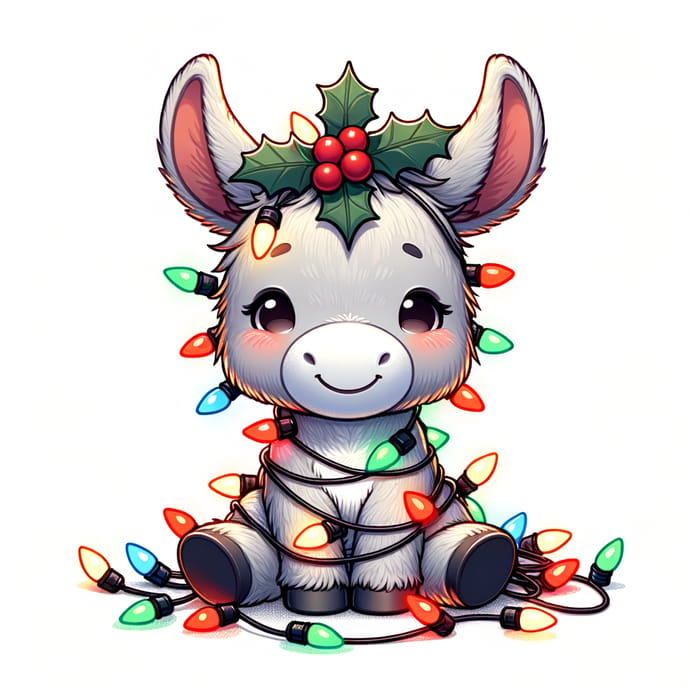 Cute Gray Donkey in Colorful Christmas Lights | Vector Artwork