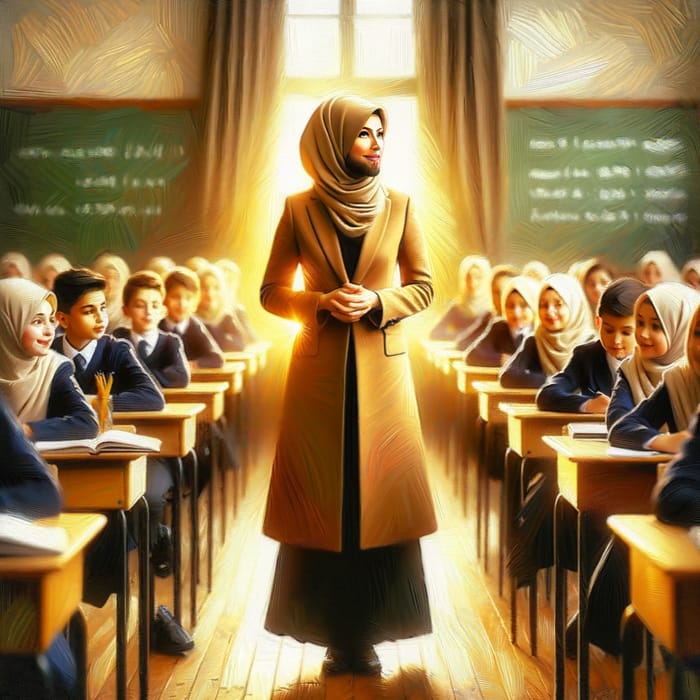 Impressionist Painting of Inspiring Muslim Teacher Leading Classroom Discussion