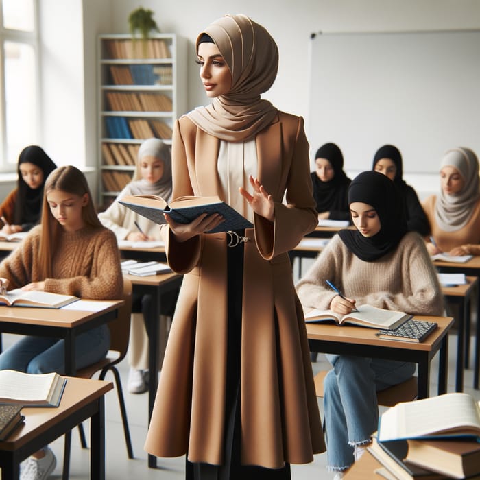 Arabic Descent Female Teacher in Flared Tan Coat & Hijab