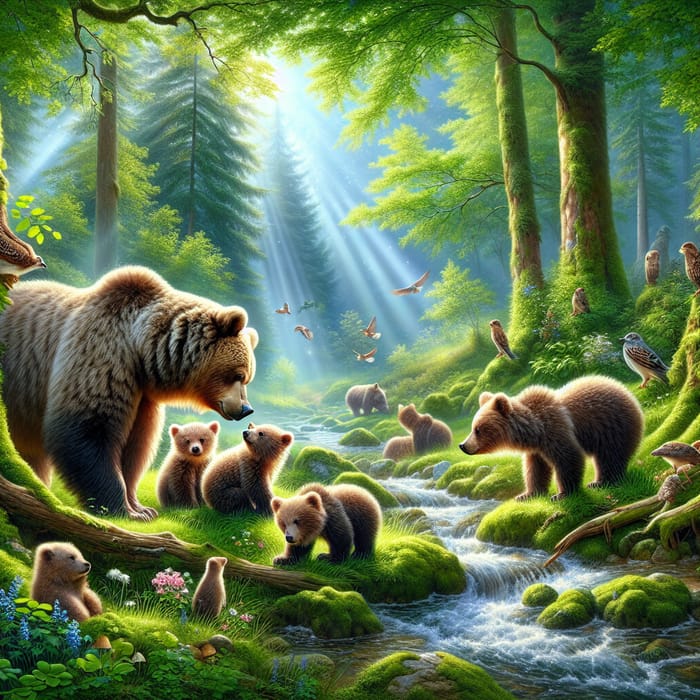 Brown Bears Foraging in Lush Forest