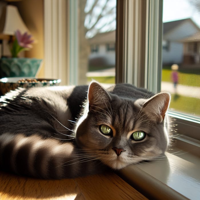Peaceful Gray Cat Enjoying Sunlight on Window Sill
