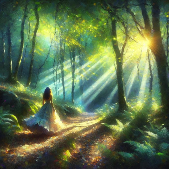 Dreamy Mystical Forest Scene | Serene Woman in Flowing Dress
