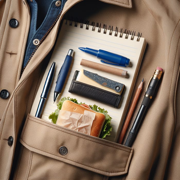 Realistic Jacket with Pocket Notebook, Pen, Pencil, and Sandwich
