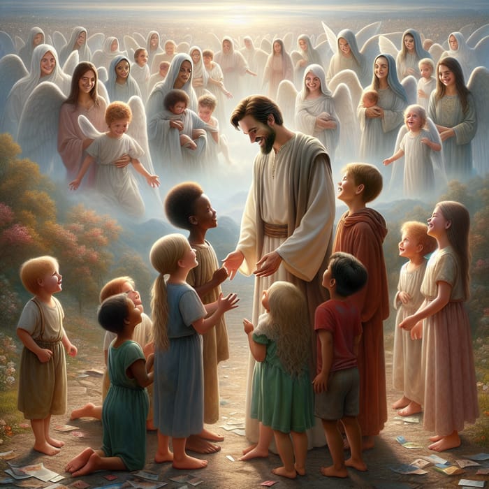 Jesus Interacting with Happy Children and Angels in Ethereal Scene